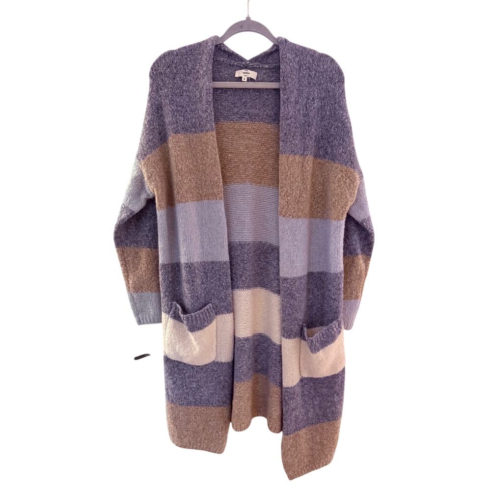 Entro Striped Long Cardigan Duster Blue Beige Open Front Pocket Sweater Small